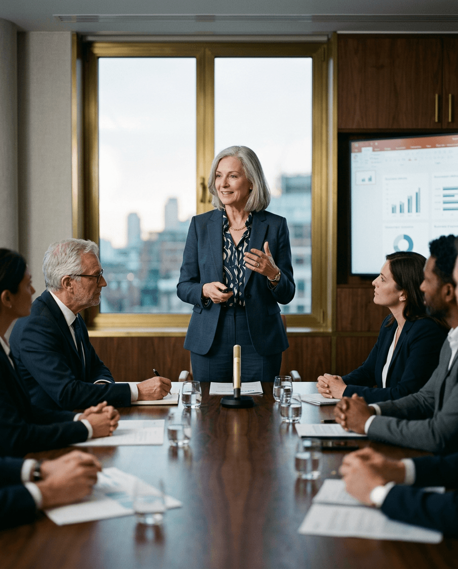 A senior executive in a navy suit presenting with confidence to board members around a boardroom table